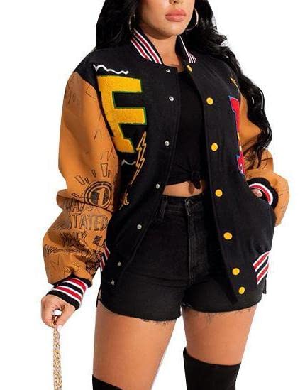 VOIKERDR Varsity Jacket Women Button Print Casual Jacket